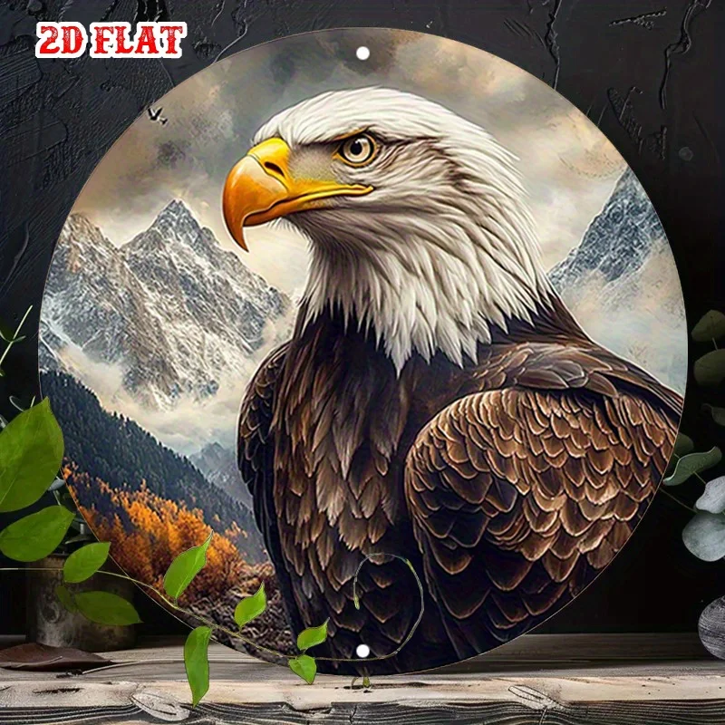 1pc Mountainales Eagle Round Metal Wall Art - Bald Eagle in Flight with Snow-Capped Mountains - Rustic Modern Decor - Heavy-Duty