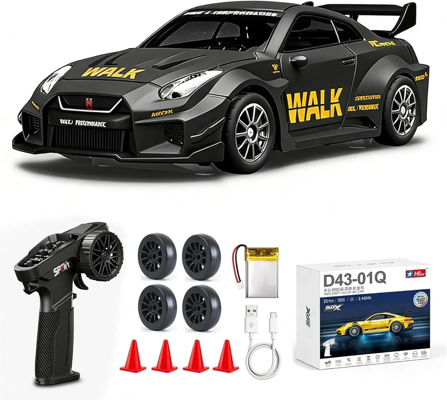1/43 Scale RC Drift Car with Gyroscope, 2.4GHz Alloy 4WD Full Proportional Radio Control Drifter, 20KM/H Fast Speed Hobby Vehicle, 4 Additional Racing Wheels, Silent Bearings, Type-C Quick Charge, Hobby Gift