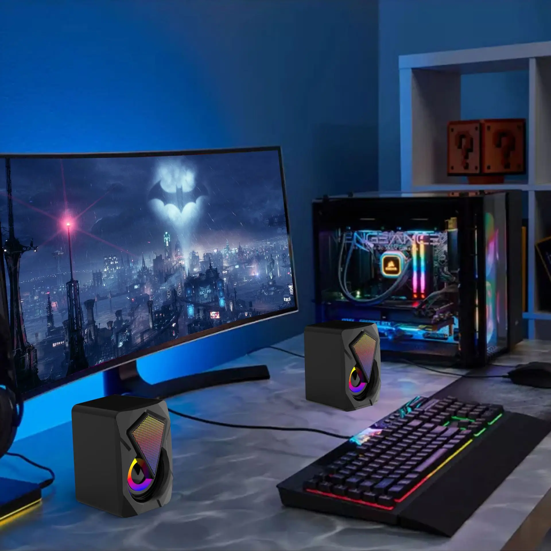 RGB Computer Speakers PC Sound Box HIFI Stereo USB Wired 3.5mm Audio Interface with LED Light For Desktop Computer Projector