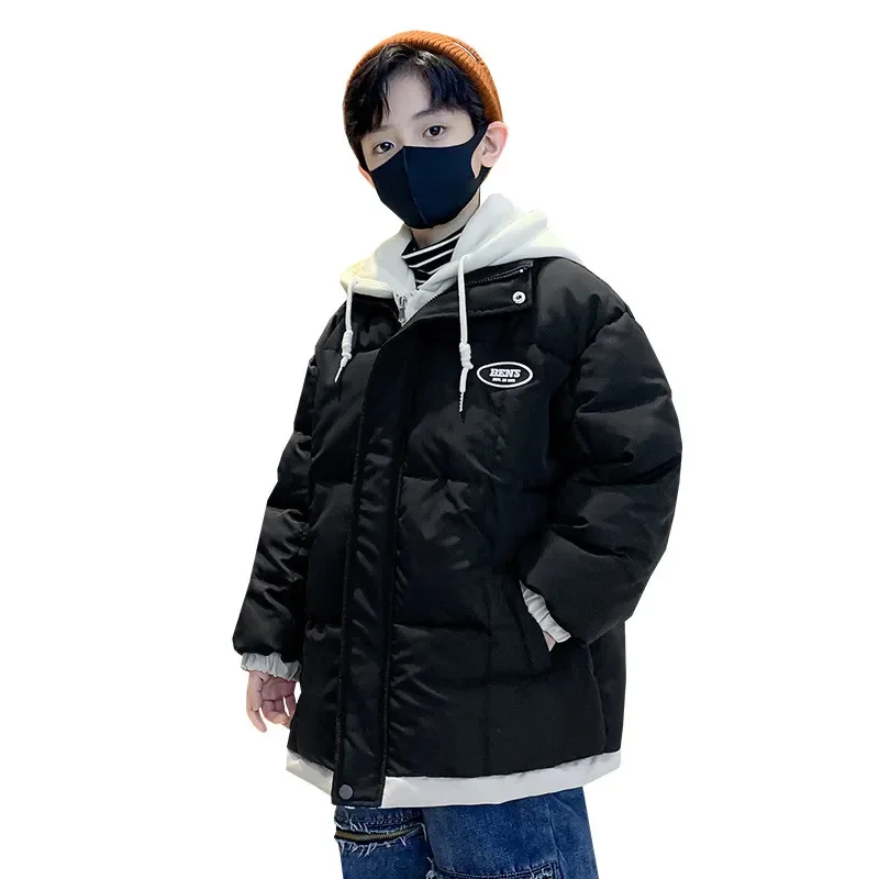 

Boys Cotton Padded Coat Fashion Snowsuit Winter Thick Warm Tops Streetwear Fake Two Piece Hooded Down Jackets for Teens 4-14 Yrs