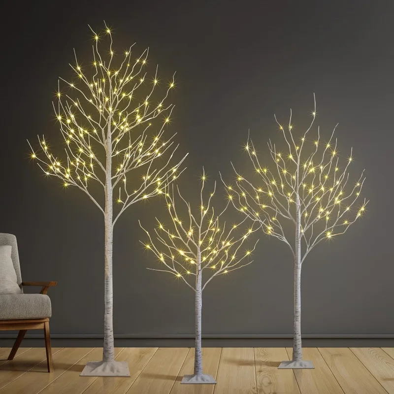 2025Set of 3 Lighted Birch Tree 4FT 6FT   Home Patio Wedding Festival Christmas Decor, Warm White