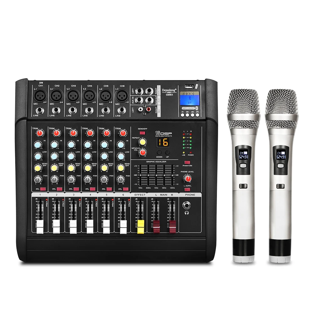 Depusheng 450W GM6X-2H Equipped with 2  Wireless Microphones Professional 6-Channel Powerful Amplifier Mixer for Stage