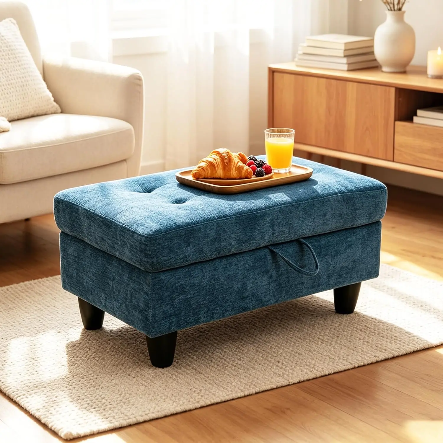 33.5 Inch Large Square Storage Ottoman Bench in Blue Linen Fabric