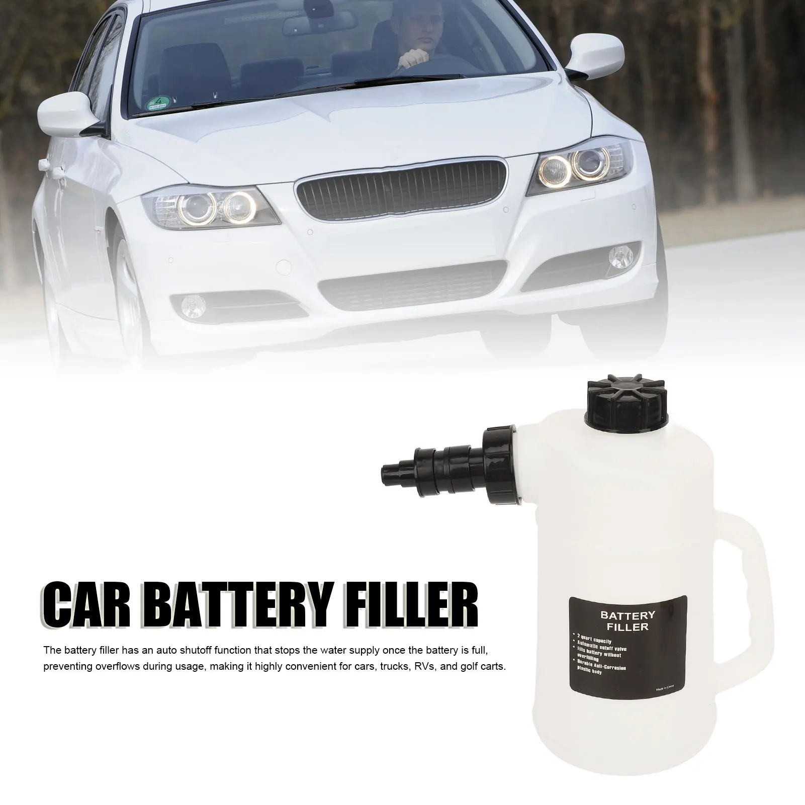 2-Liter-Batteriefüllkanne mit tropffreiem Auto-Abschaltventil für Autos, LKWs, Wohnmobile und Golfcarts