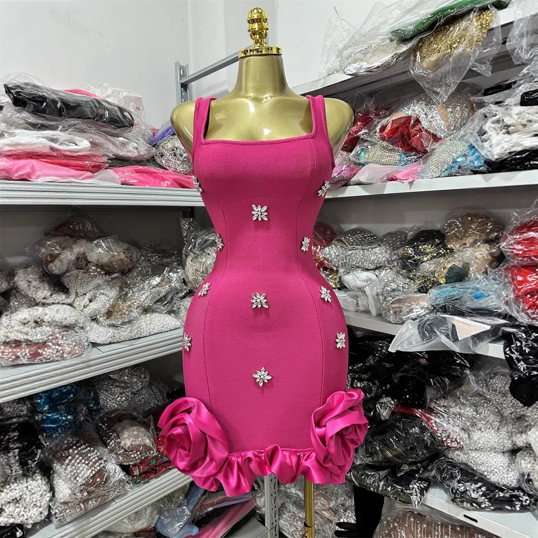 

Factory Sale Women Summer One Piece Dress Korean Style Square Collar Diamond Appliques Bodycon Mini Club Party Bandage Dress
