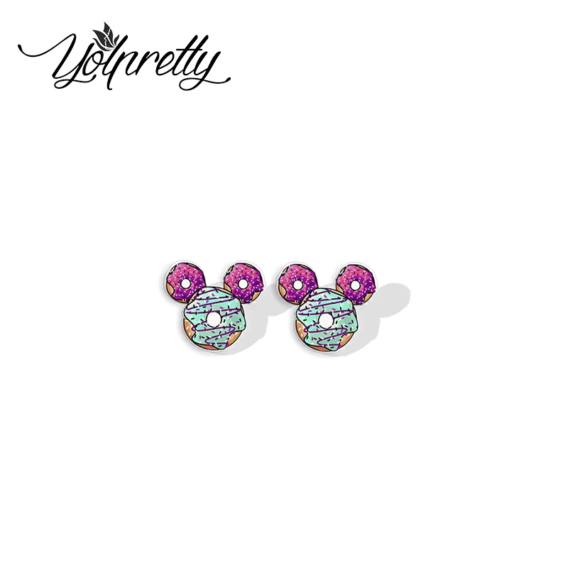 2024 New Mickey Minnie Mouse Head Donuts Sweety Candy Epoxy Handcraft Acrylic Stud Earrings 