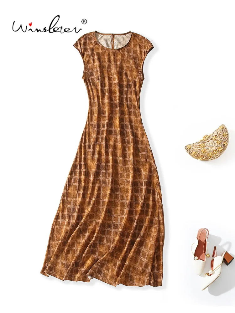 Winsleter-100%Real Silk Elegant Dress, O Neck Sleeveless Plaid, Women Retro Versatile A-line Dresses, 2026 Autumn New D68708CC