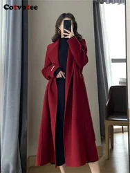 Cotvotee Red Wool Coats for Women 2023 Autumn Winter New Long Sleeve Turn Down Collar Chic Coats Loose Lace Up Thicken Jacket