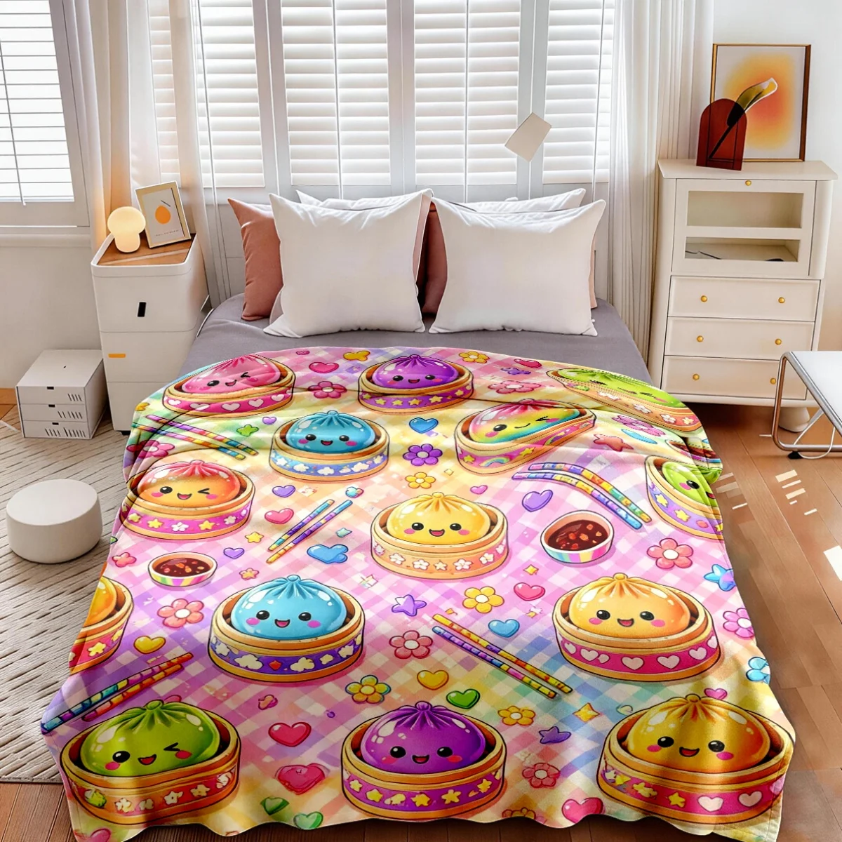 1pc Macaron Checkered Cartoon Colorful Dumpling Heart Flower Theme Flannel Blanket - Large Size, Soft, Lightweight, And Warm, Su