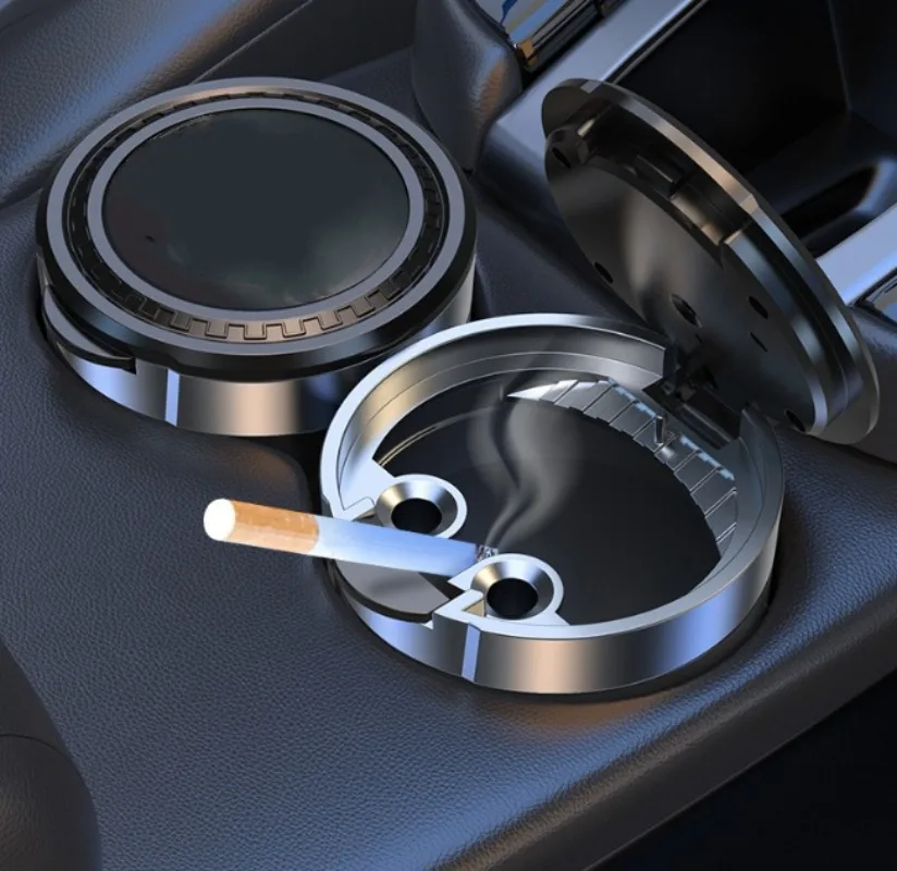 Car Smokeless Ashtray Flip Cover LED Ambient Light ABS Alloy Inner Cup Universal Fit Most Car Cup Slots Decoration Accessory