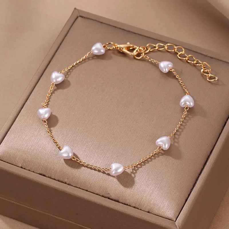 Pulseras de cadena de perlas blancas coreanas para mujeres y niñas, pulsera elegante de cuentas de Color plateado, pulsera con dijes de mano, joyería, regalos de boda