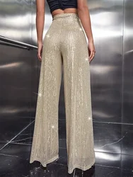 Women Sequin Flare Pants Sparkly High Waist Wide Leg Bell-bottom Trousers Slim Party Club Shiny Pants Clubwear