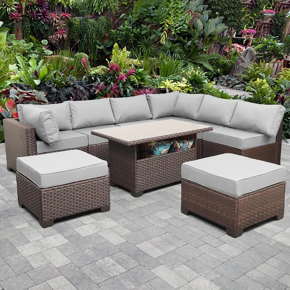 

Garden Furniture 9 Piece Set, Patio Rattan Sectional Conversation Sofa Set with Cushions and Storage Table, Garden Furniture Set