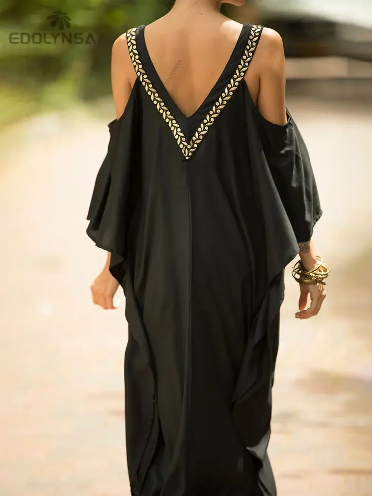 2023 Sexy Cold Shoulder V Neck Bats Sleeve Loose Summer Beach Dress Plus Size Women Beachwear Kaftan Black Dresses Q943