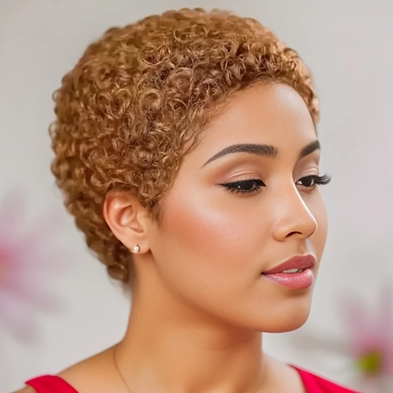 짧은 아프로 킨키 컬리 웨이브 픽시 컷 가발 여성용 인모 전체 기계 제작 가발