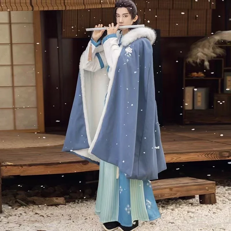 Tradicional vintage inverno dragão hanfu manto grande gola de pele engrossar manto de pelúcia antigo traje das mulheres dos homens roupas cosplay