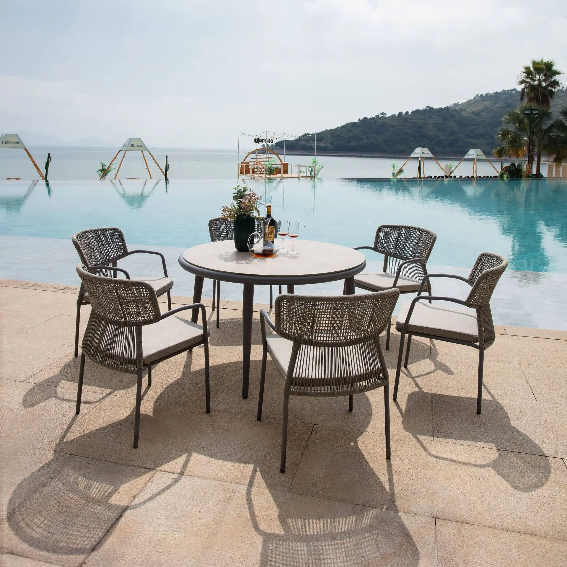 Hotel outdoor braided rattan chair dining chair garden swimming pool outdoor table and chair waterproof rock slab dining table
