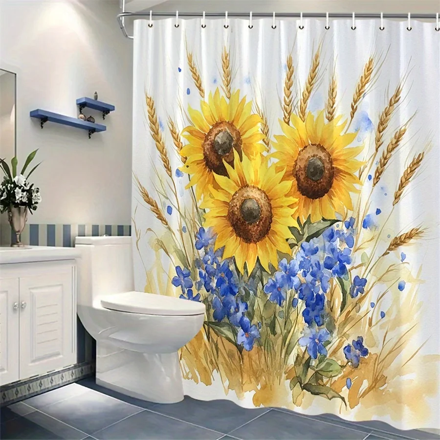 

1pc Sunflower and Blue Floral Wheat Shower Curtain - Polyester Fabric, Machine Washable, Suitable for Bathroom Decoration