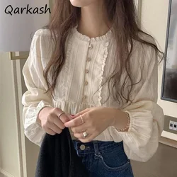 Blouses Women Clothing O-neck Sweet Casual Oversize Korean Ladies Tops Long Sleeve Stylish Cozy Tender Simple Pure All-match New