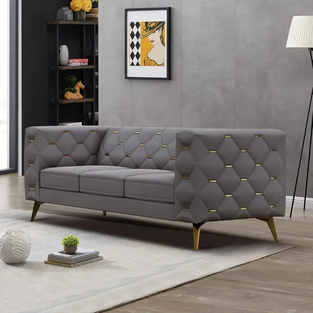 

Sofa, 84'' Velvet Upholstered 3 Seater Couch with Square Arms and Tufted Back, Couch with Metal Buckle Decor and Metal Legs,Sofa