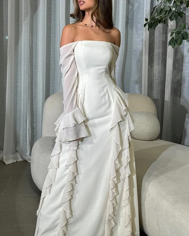 Biała suknia balowa z odkrytymi ramionami, długie rękawy, falbany, linia A, suknie wieczorowe, suknia na przyjęcie weselne, odzież formalna damska.