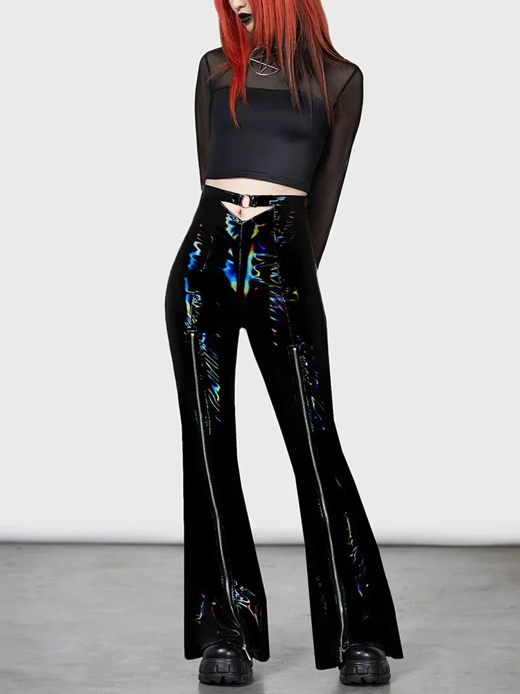 Sexy Faux Latex Hollowed Out Navel Flare Pants Women High Waist Gothic Zip Patent Leather Trousers Custom Wet Look Slim Pants