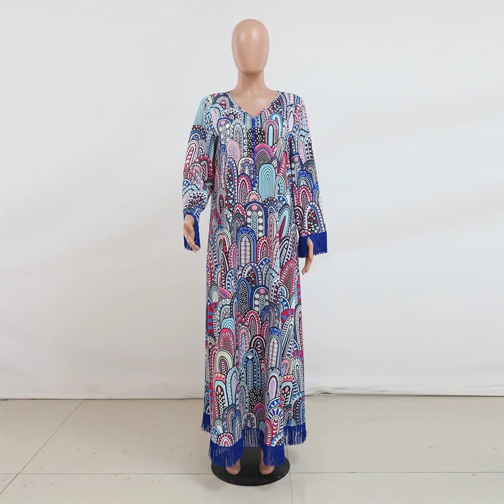 Eid musulmán estampado borlas vestido mujeres Abaya Jalabiya Vestidos largos Abayas Ramadán mujer Turquía caftán marroquí Vestidos elegantes