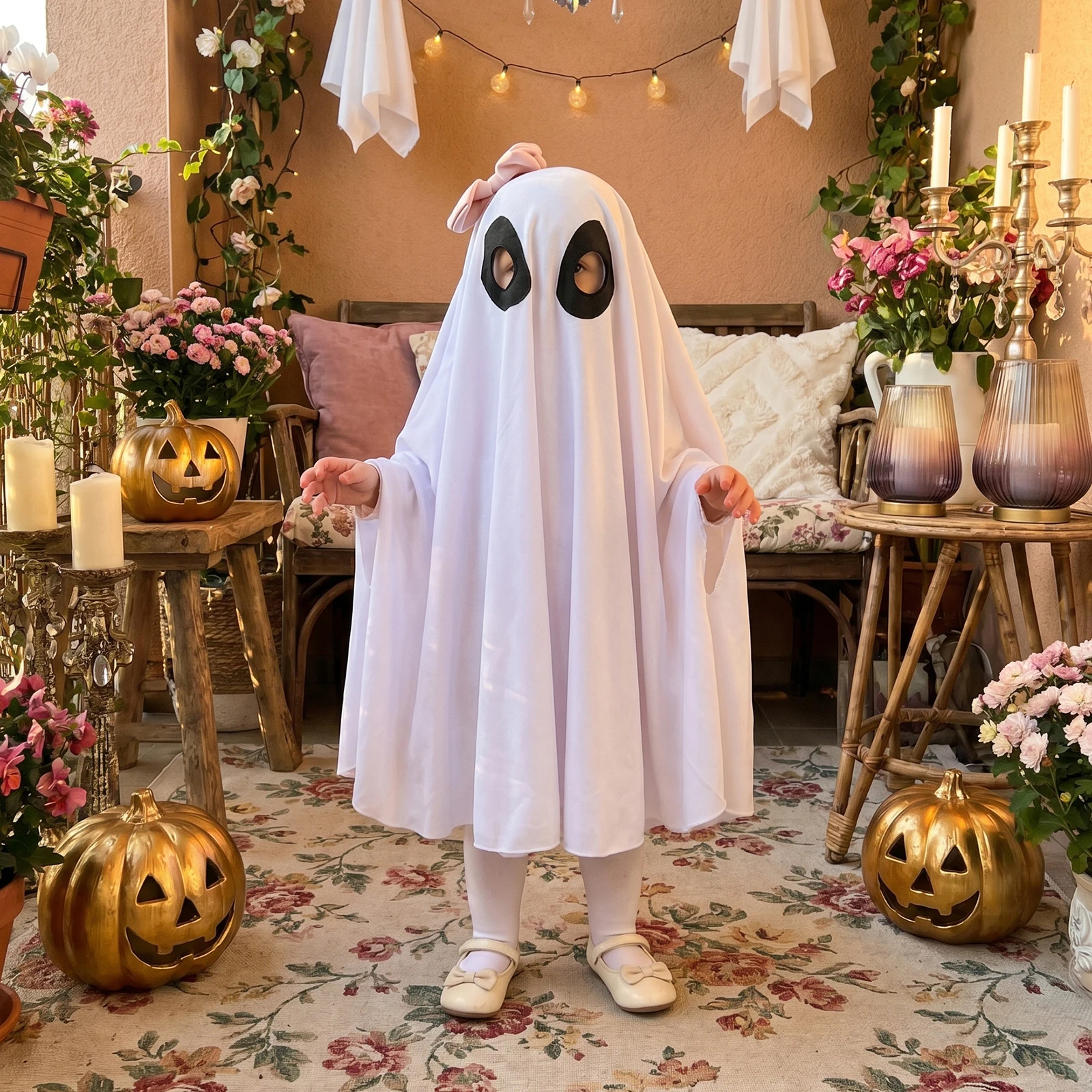 1-9Years Kids Girls Ghost Costume Cute Bow Toddler Baby Ghost Cloak Cape for Holiday Halloween Cosplay Outfit