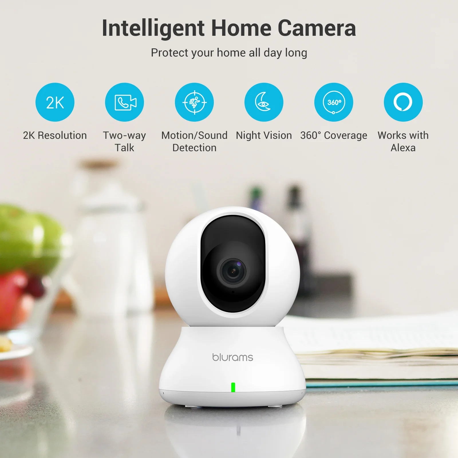 blurams 2K Night Vision Intelligent Home Camera,Two-way Talk, Motion/Sound Detection,Works withAlexa,PTZ Continous Recording,