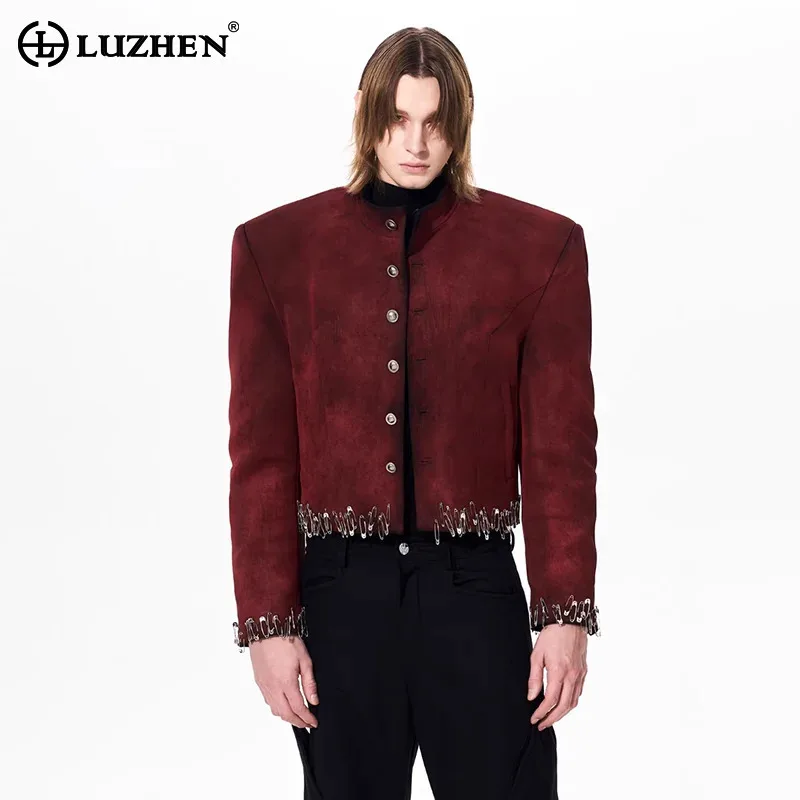 LUZHEN 2026 New Tie-dyed Vintage Style Metal Pin Decorate Short Jacket Men's Fashion Handsome Shoulder Pad Casual Coat JY6253