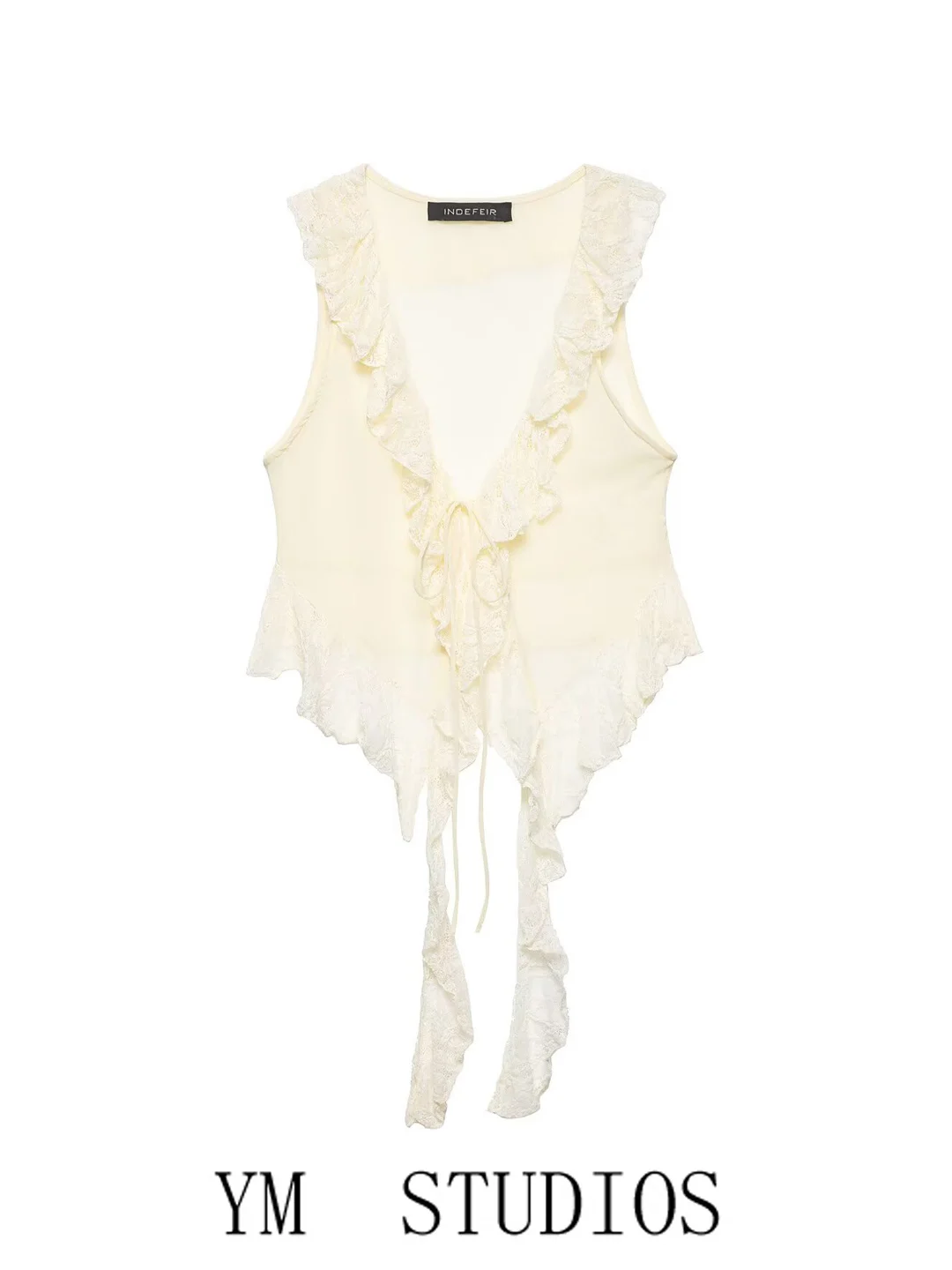 Women's Short Lace Trimmed Ruffle Hem Vest Micro Transparent Splice Design V-Neck H-Shape Top with Belt Summer Fashion