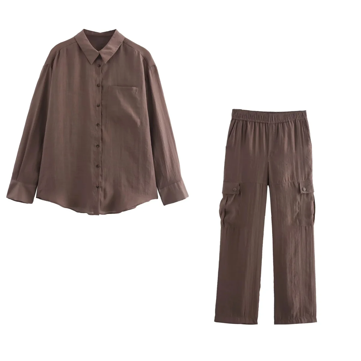 PB&ZA button decorated basic loose long sleeve lapel shirt 165179+ comfortable cargo casual pants women 1165279