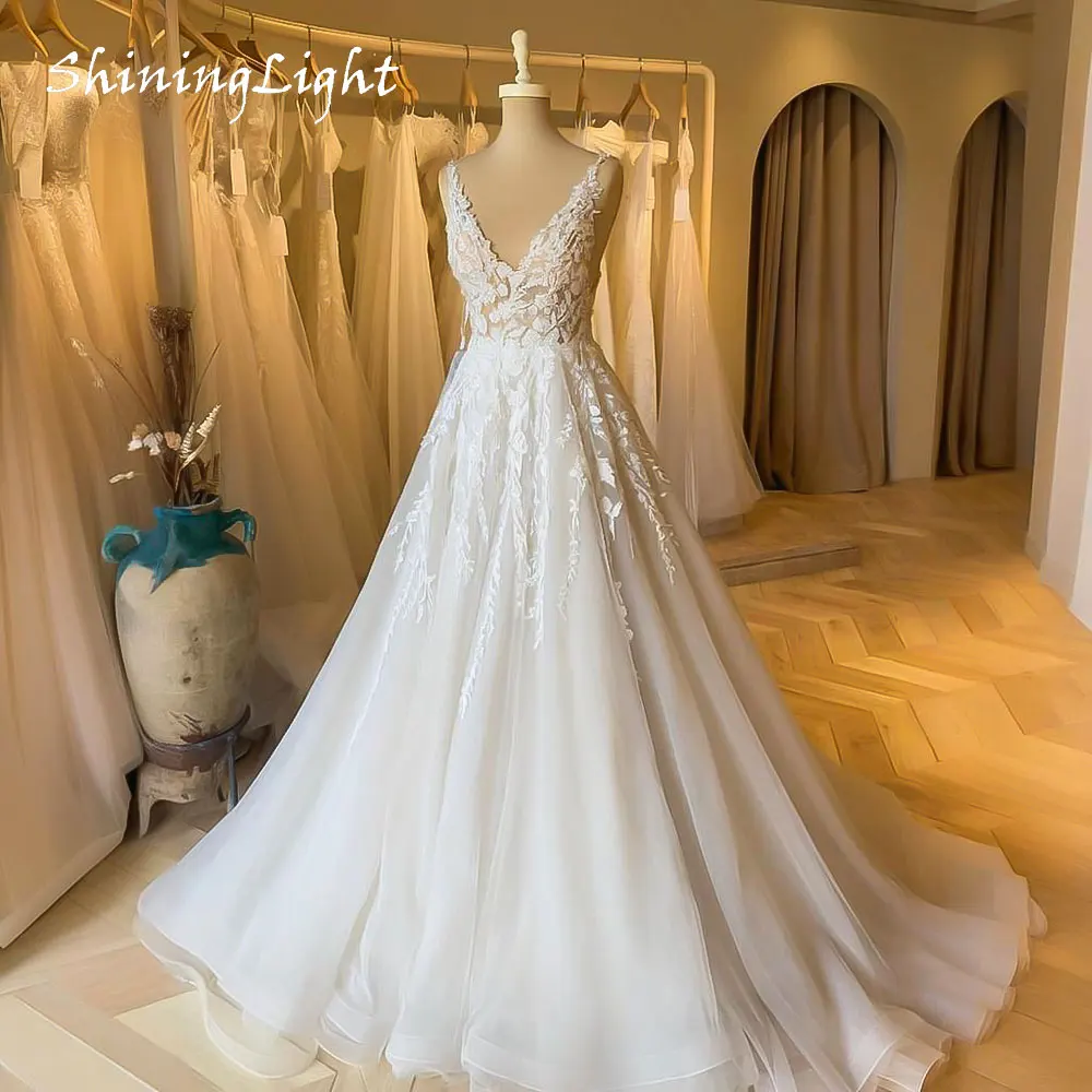 

ShiningLight Boho Wedding Dresses for the Bride V-neck Tulle Lace Applique A Line Bridal Gowns لباس_عروس Customized
