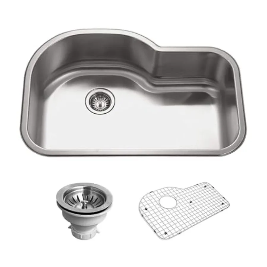

32 inch Stainless Steel Kitchen Sink, Topmount, Single Bowl Offset, Cabinet Compatibility, Basket Strainer and Bottom Grid