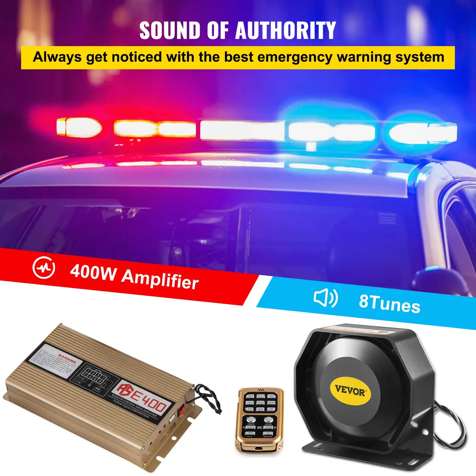 VEVOR  200W 18 Sound 12V Loud Car Warning Alarm Police Fire  Siren  PA Speaker MIC System for All Specific Vehicles