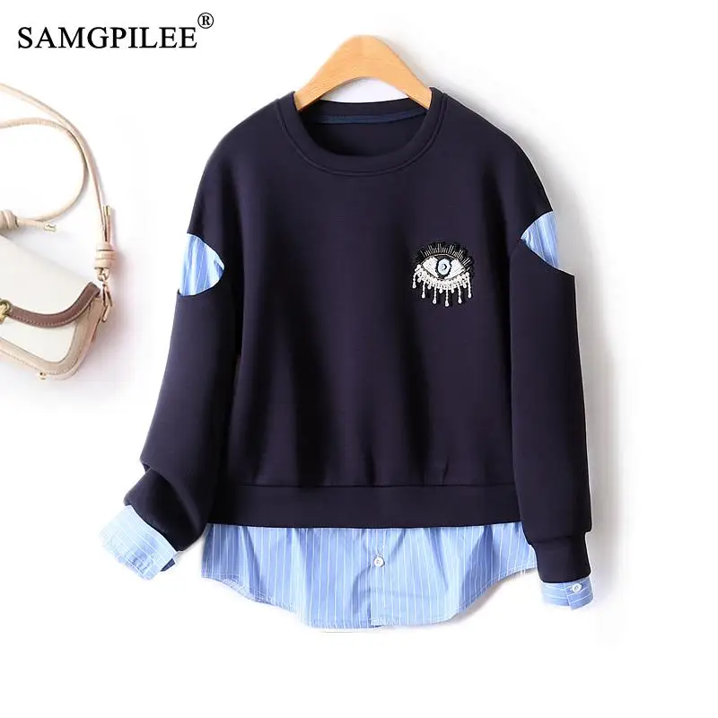 

Korean Reviews Many Clothes Fake Two Piece Shirt With Vertical Stripe Hem O Neck Air Cotton Loose Pullover Sweatshirt For Women