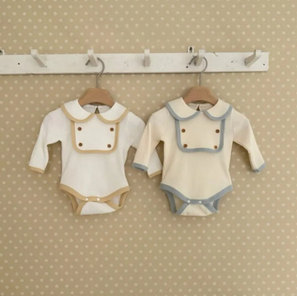 2026 Autumn New Baby Long Sleeve Lapel Bodysuit Solid Infant Boy Girl Drool Bib Jumpsuit Waffle Cotton Newborn Clothes 0-24M