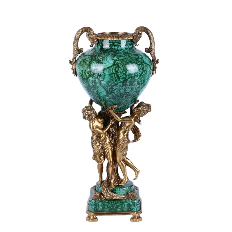 &c Malachite Green Decorative Vase Brass Goddess Art Ornament European Porcelain Floor Flower Vase for Luxury Home Decoration
