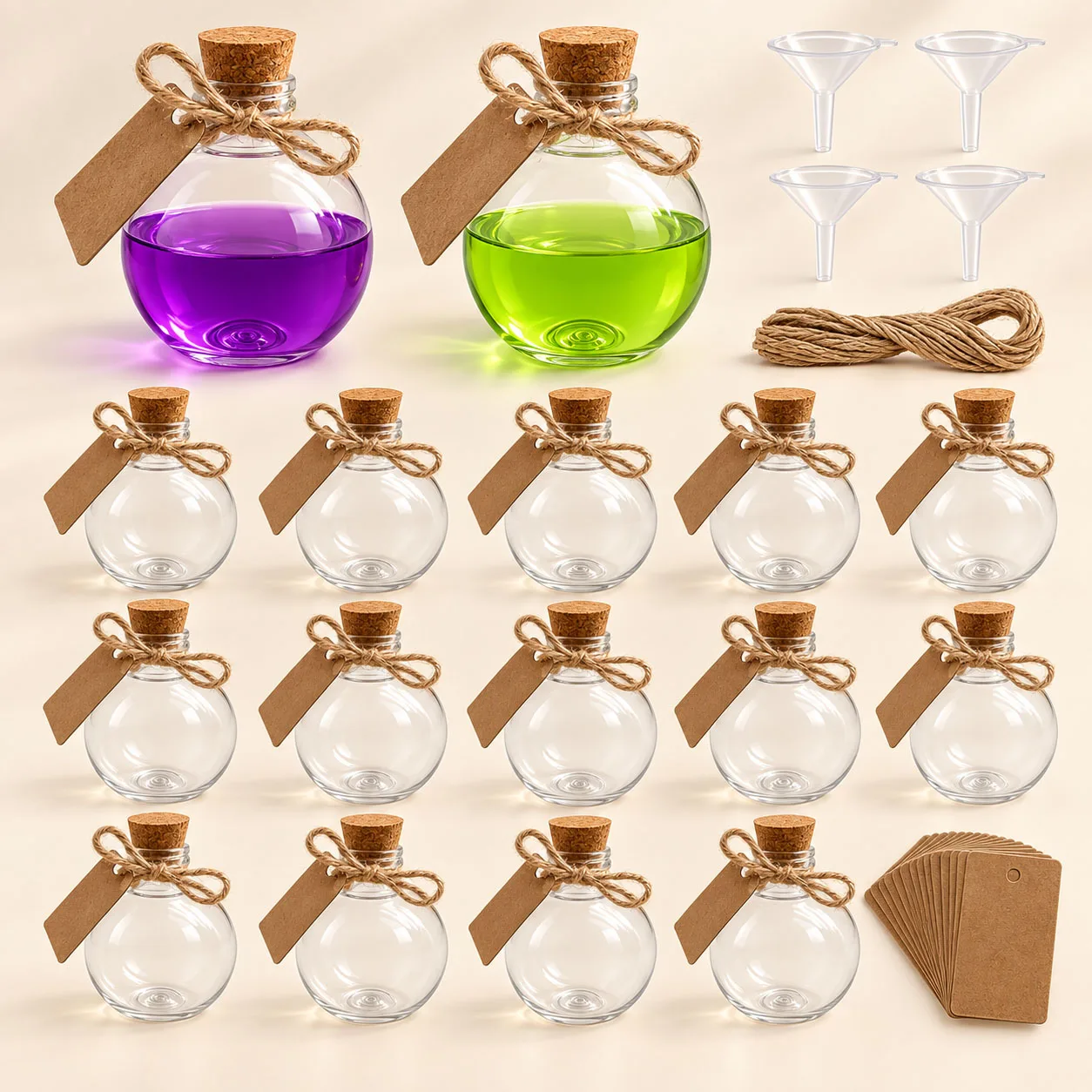 Spherical Plastic Potion Bottles with Corks Tags & Funnels 3.4 Oz Clear Candy Jar Set for Halloween Christmas Wedding Party