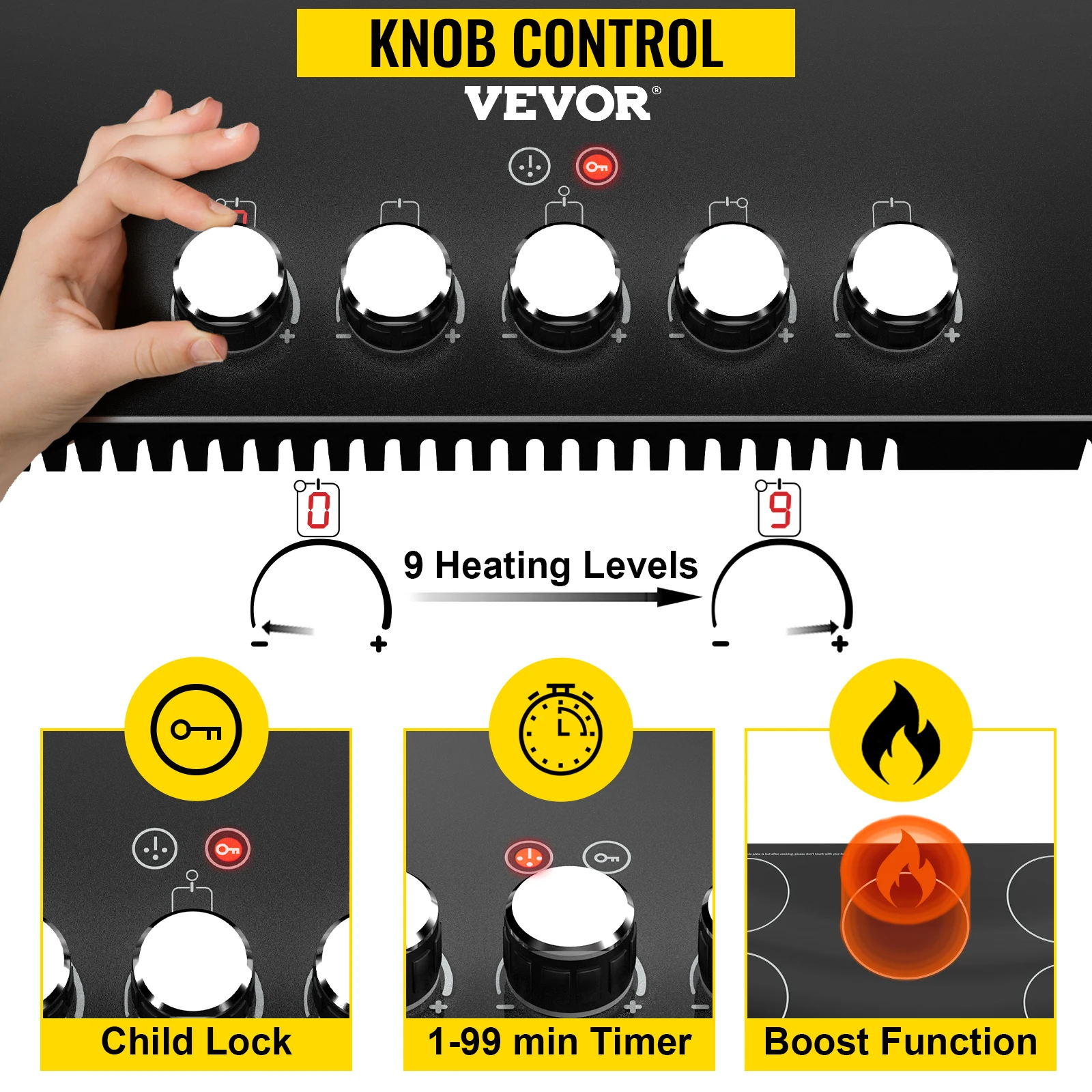 VEVOR-2/4/5 버너 내장 인덕션 스토브 상단 11/12/30/35 인치 120/220V, 세라믹 유리 전기 쿡탑, 9 가지 전력 레벨