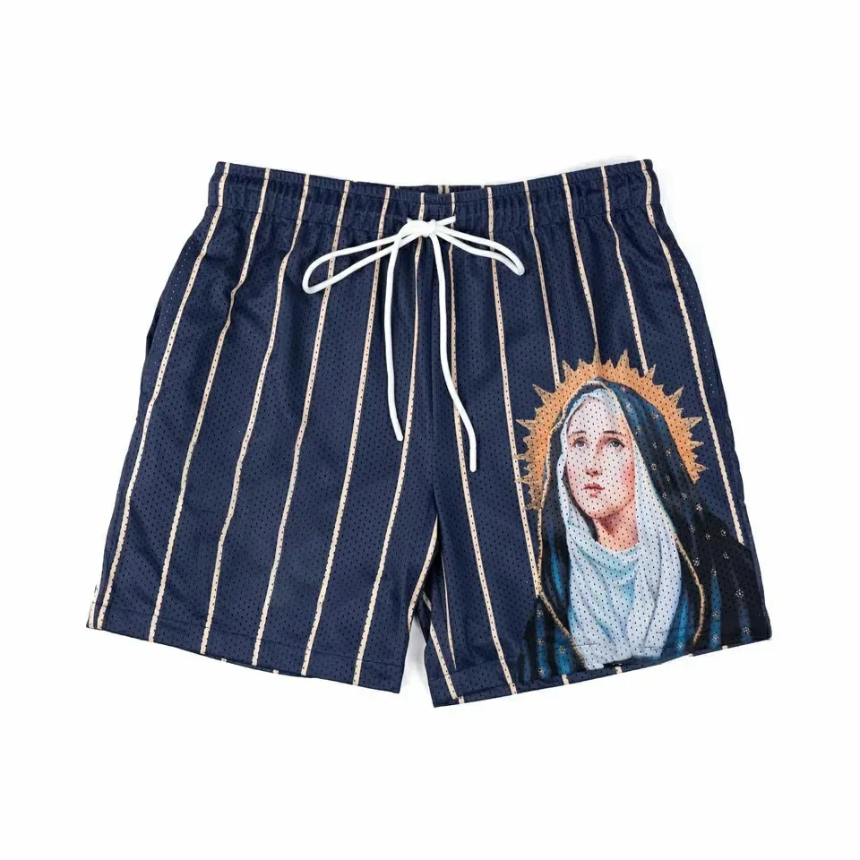 Shorts esportivos respirável Virgin Mary masculino, shorts casuais de bolso com cordão, calças de praia 100% poliéster, verão, 2024