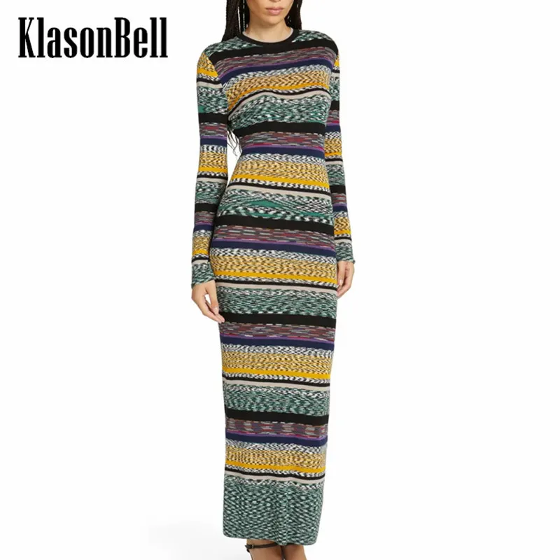 

10.13 KlasonBell Women's Fashion Elegant Contrast Color Striped Jacquard O-Neck Slim Wool Blend Knit Midi Dress