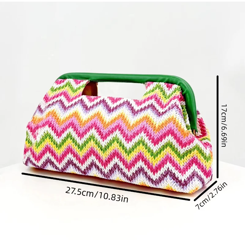 Handtasche mit Obergriff, Clutch aus gewebtem Stroh, Hobo-Tasche in Ahornblatt-Farbblock-Design, Damen-Sommermode-Abendtasche mit Farbkontrast – Detail 3