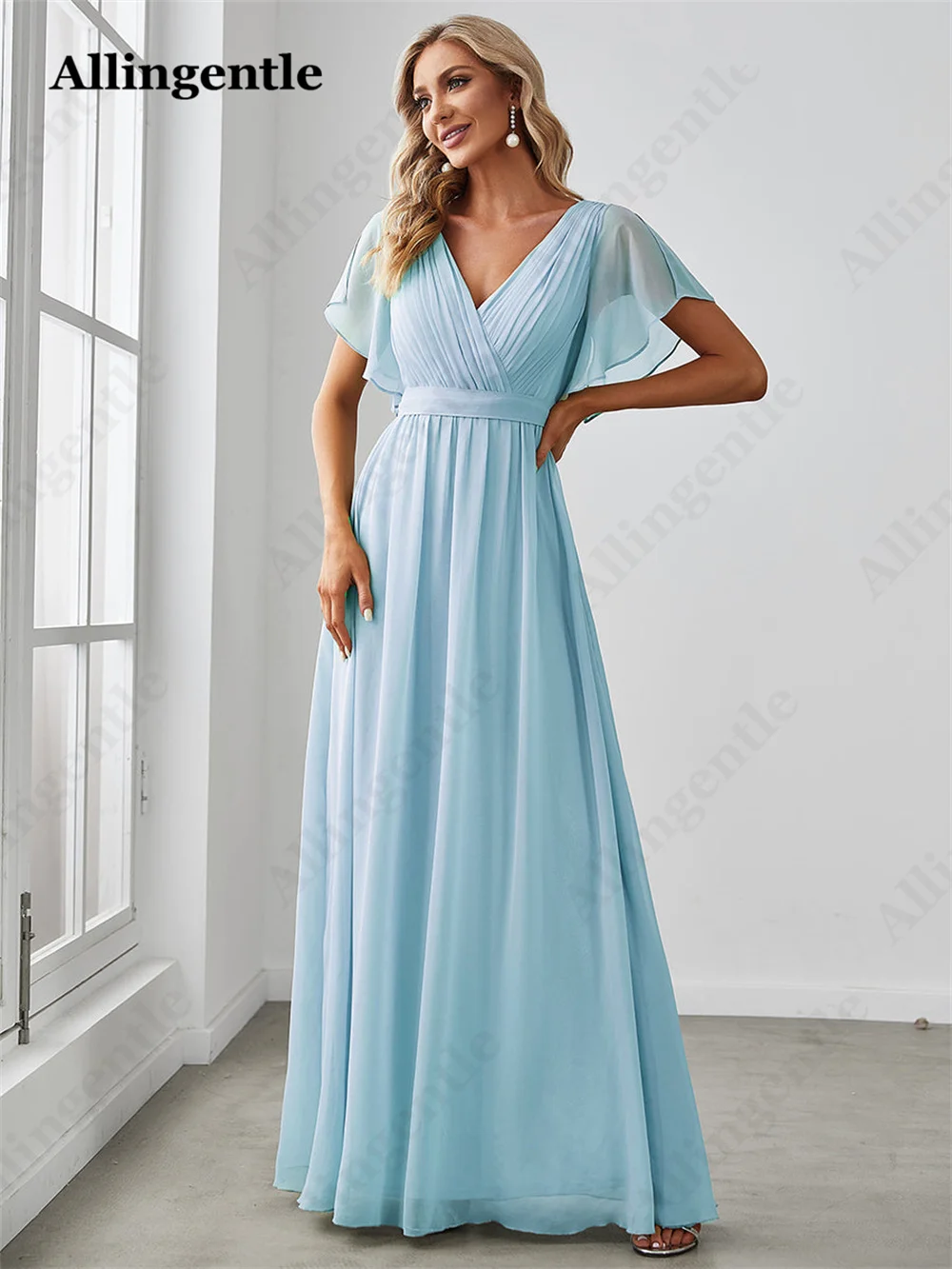 Allingentle Light Blue Elegant Bridesmaid Women Dress  A-Line V-Neck Ruffles Sleeve Chiffon Maxi Dress Floor Length With Belt