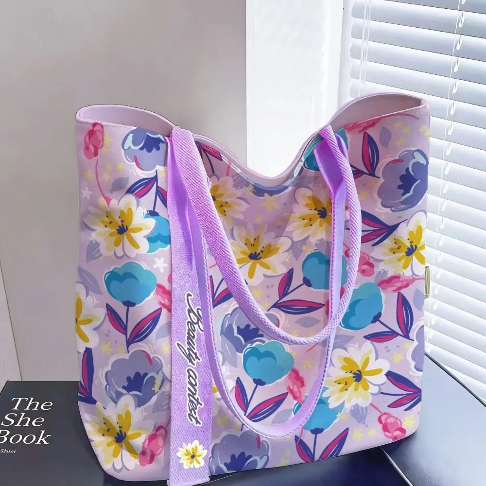 Durable Floral Canvas Bag Large Capacity Lightweight Shoulder Bag Reusable Versatile Lunch Bag Women's Accessories