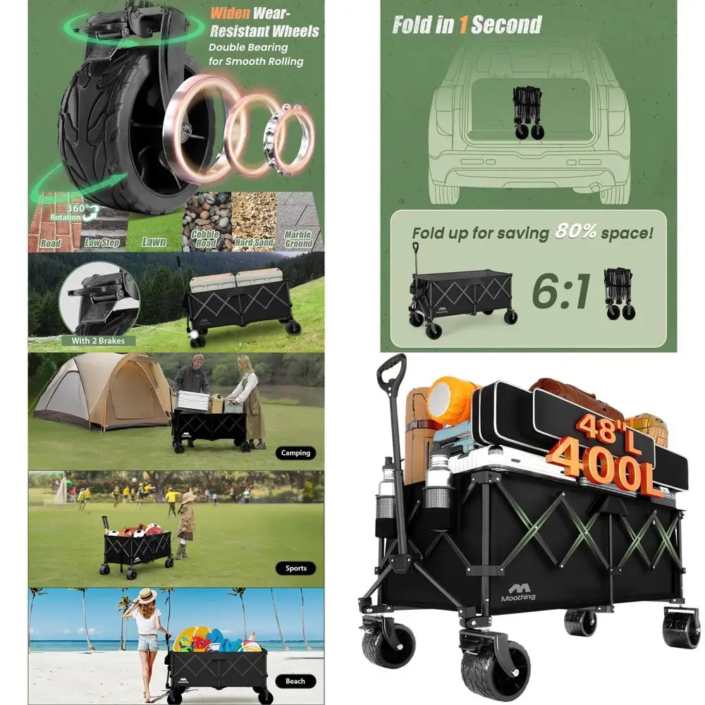 

Collapsible Heavy-Duty 48 Folding Wagon with Large 320L Capacity, All-Terrain Wheels for Beach, Sports, Camping, and More