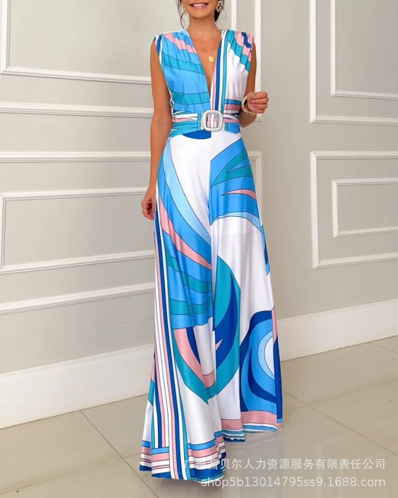 Tute da donna stampa scollo a V fasciatura senza schienale casual tuta intera senza maniche Y2k gamba larga elegante pagliaccetti a vita alta