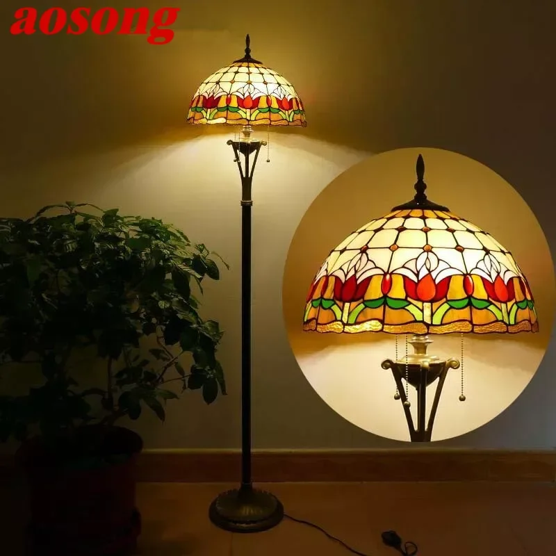 

AOSONG Tiffany Floor Lamp American Retro Living Room Bedroom Lamp Country Stained Glass Floor Lamp