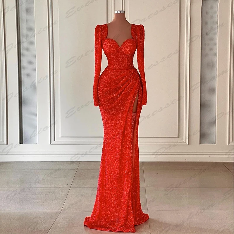 Sexy Luxurious Beading Evening Dresses For Women Off Shoulder Long Sleeves Gorgeous Satin Simple Mopping Party Prom Gowns 2024