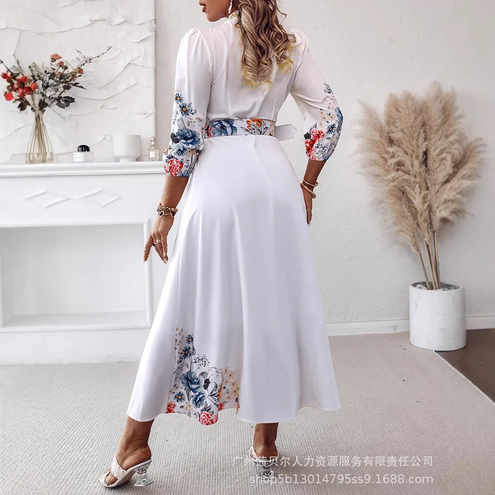 ผู้หญิงพิมพ์ลายดอกไม้ V คอสามในสี่ผูกรายละเอียดเสื้อชุดลําลอง A Line Slim Fit Maxi Dress